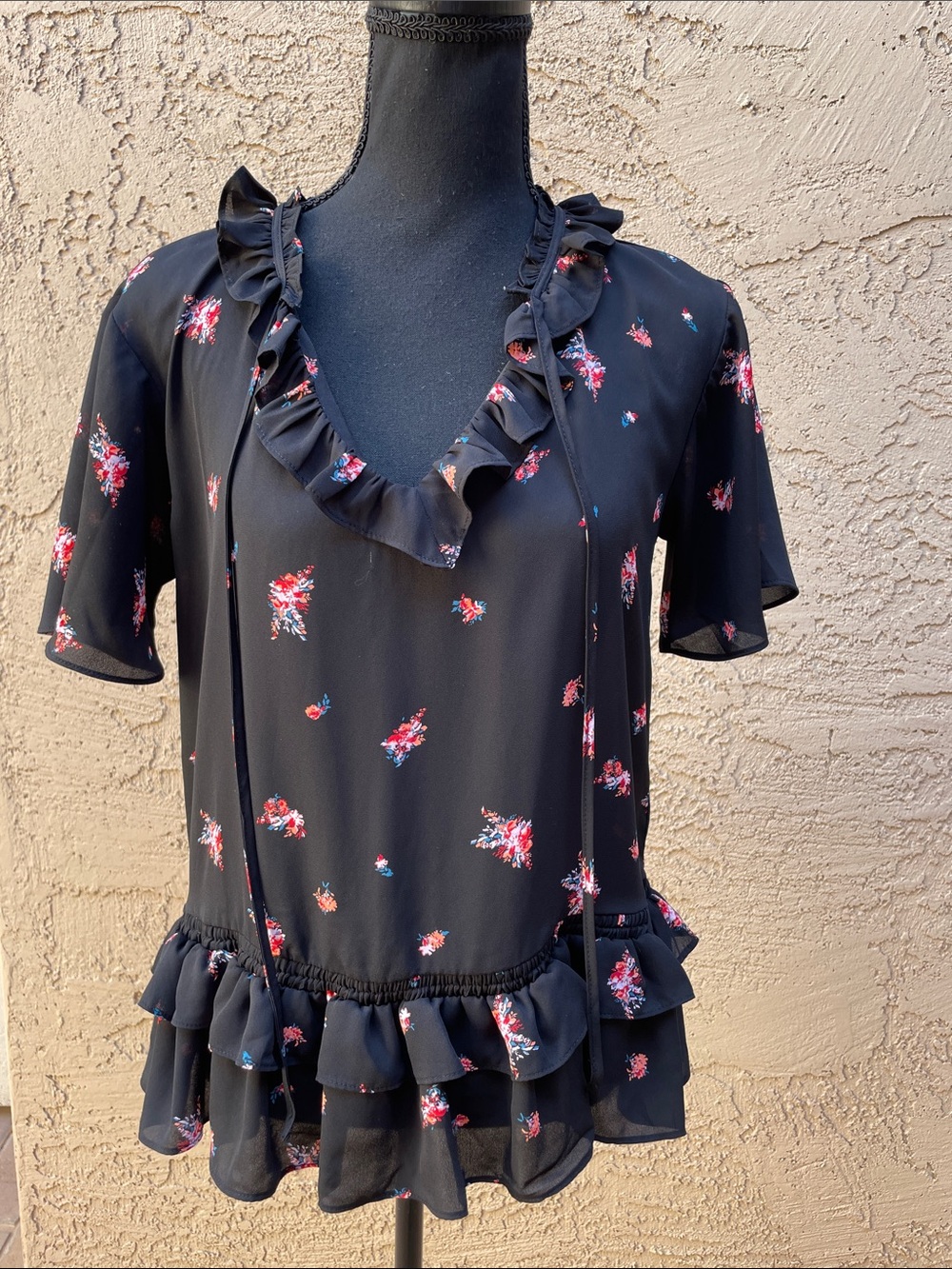 Chelsea28 Black Floral Ruffle V-Neck Blouse